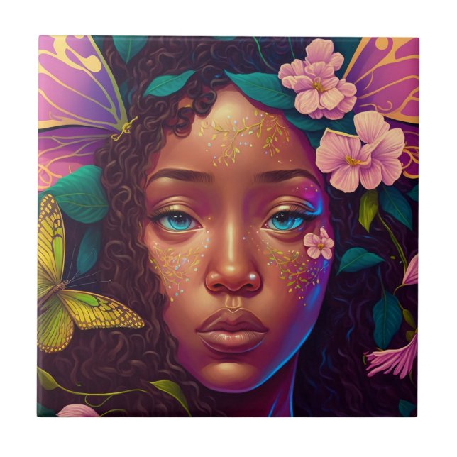 Azulejo Arte afroamericano de fantasía de hadas negras (Frente)