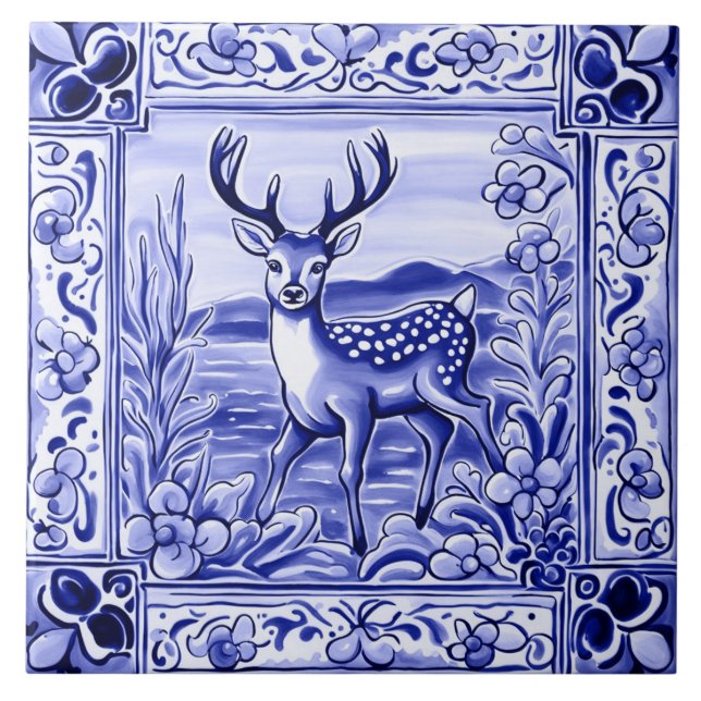 Azulejo Arte animal popular de los ciervos de bosques azul (Frente)