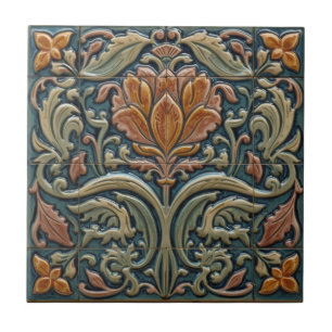 Azulejo Arte antiguo azul Nouveau Majólica Floral Artesano