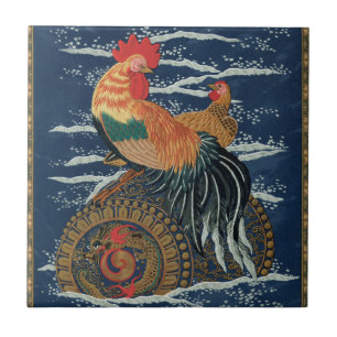 Azulejo Arte Antiguo de Gallo Gallina Dragón Japonés