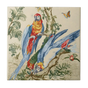 Azulejo Arte Antiguo de Loro Tropical y Mariposa
