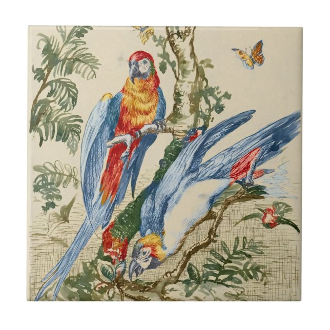 Azulejo Arte Antiguo de Loro Tropical y Mariposa (Frente)