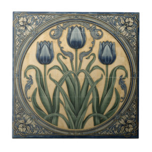 Azulejo Arte Antiguo Floral Tulipanes Azules Nouveau