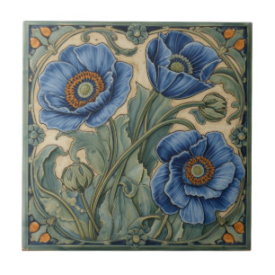 Azulejo Arte Antiguo Modernista Amapolas Azules Floral