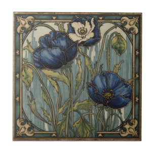 Azulejo Arte Antiguo Modernista Amapolas Azules Floral