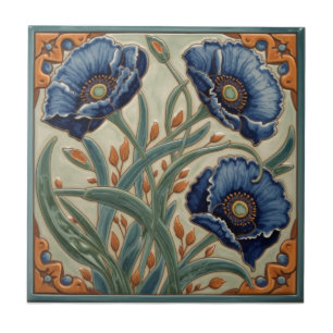 Azulejo Arte Antiguo Modernista Amapolas Azules Floral
