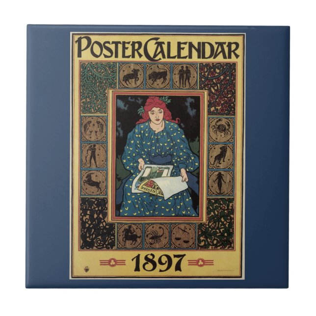 Azulejo Arte Antiguo Modernista, Mujer Leyendo Libro de As (Frente)