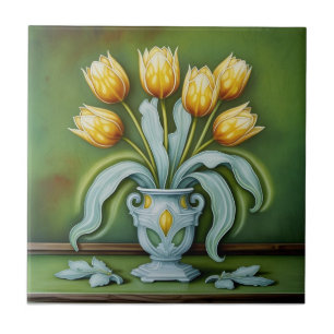 Azulejo Arte antiguo modernista tulipanes amarillos floral