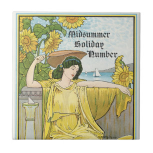 Azulejo Arte Antiguo Moderno Mujer de Verano Girasoles