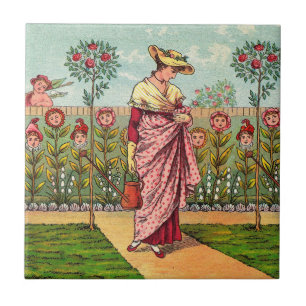 Azulejo Arte Antiguo Mujer Flor Crecimiento Jardín