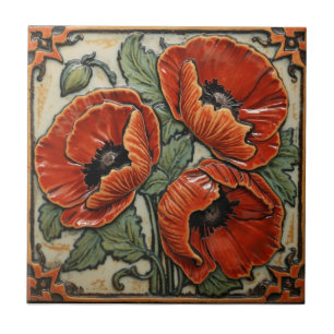 Azulejo Arte Antiguo Nouveau Amapolas Rojas Floral 