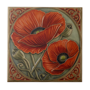 Azulejo Arte Antiguo Nouveau Amapolas Rojas Floral