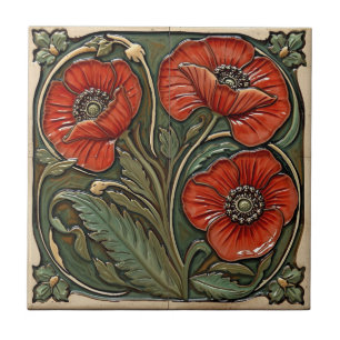 Azulejo Arte Antiguo Nouveau Amapolas Rojas Floral