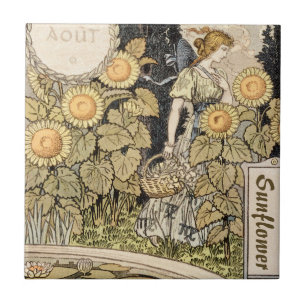 Azulejo Arte Antiguo Nouveau Girasol Jardín Grasset Mujer