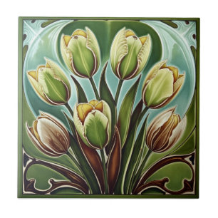 Azulejo Arte antiguo Nouveau tulipanes amarillos Floral
