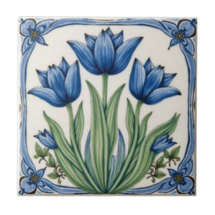 Azulejo Arte Antiguo Nouveau Tulipanes Azules Floral