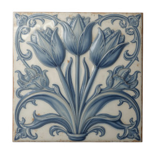 Azulejo Arte Antiguo Nouveau Tulipanes Azules Floral