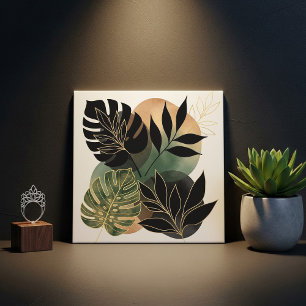 Azulejo Arte Botánico Abstracto Moderno Hojas Negras y Dor