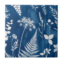 Arte botánico de helecho con cianotipia azul añil