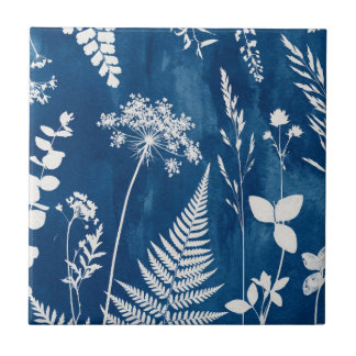 Azulejo Arte botánico de helecho con cianotipia azul añil 