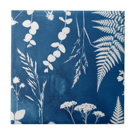 Azulejo Arte botánico de helecho con cianotipia azul añil