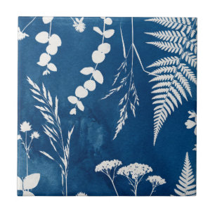 Azulejo Arte botánico de helecho con cianotipia azul añil