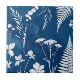Azulejo Arte botánico de helecho con cianotipia azul añil