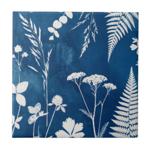Azulejo Arte botánico de helecho con cianotipia azul añil