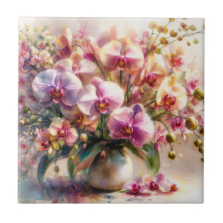 Azulejo Arte botánico elegante de acuarela floral de orquí