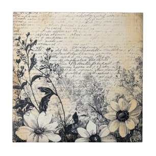 Azulejo Arte botánico manuscrito de flor silvestre sepia