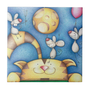 Azulejo Arte caprichoso de gato y ratón lunar lindo