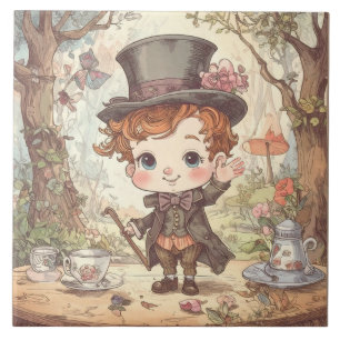 Azulejo Arte caprichoso del sombrerero loco adorable del b