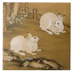 Azulejo Arte Chino Antiguo Dos Conejos Blancos Pintura