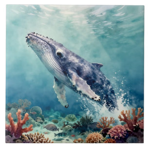 Azulejo Arte costero acuarela de ballena azul oceánica