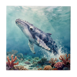 Azulejo Arte costero acuarela de ballena azul oceánica