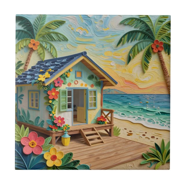Azulejo Arte costero oceánico de casa de playa (Frente)
