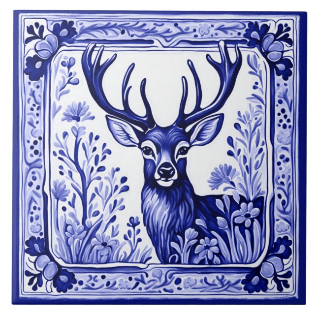 Azulejo Arte de animales folclóricos azules y blancos de l (Frente)