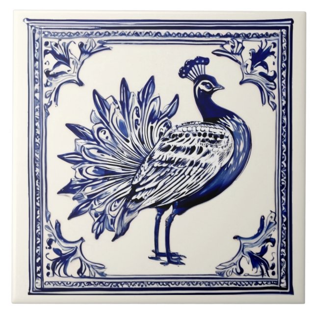 Azulejo Arte de animales folclóricos blancos y azules (Frente)