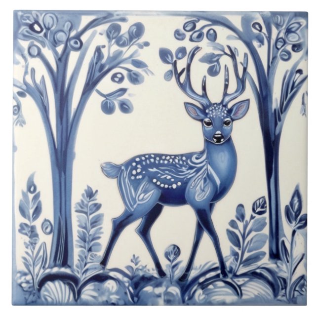 Azulejo Arte de animales folclóricos en bosques azules y b (Frente)