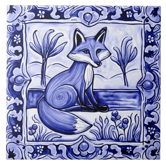Azulejo Arte de animales folclóricos mediterráneos de Fox  (Frente)
