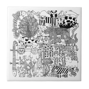 Azulejo Arte de animales salvajes en blanco y negro dibuja