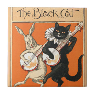 Azulejo Arte de Banjo del Gato Negro Naranja Retro Conejo 