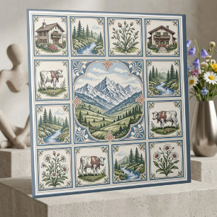 Azulejo Arte de Chalet Rústico Vacas Praderas Rodantes Alp