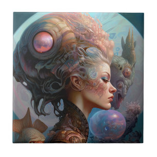Azulejo Arte de ciencia ficción surrealista de una mujer e
