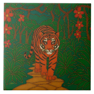 Azulejo Arte de cloisonne Tigre en el camino de la selva