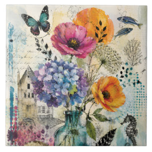 Azulejo Arte de Collage de Medios Mixtos Botánicos Vibrant