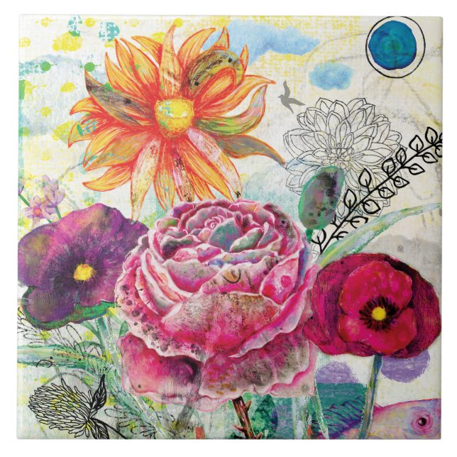 Azulejo Arte de collage de medios mixtos caprichoso (Frente)