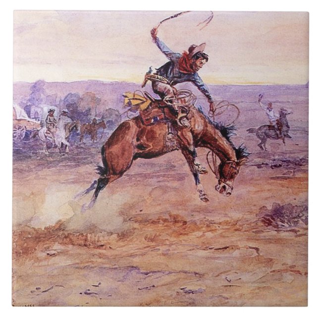 Azulejo Arte de Cowboy "Bucking Bronco" por Charles Russel (Frente)