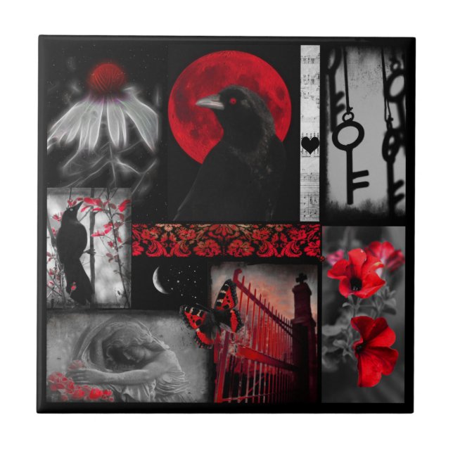 Azulejo Arte De Crow Ecléctico Rojo Y Negro (Frente)