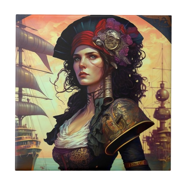 Azulejo Arte de fantasía de la mujer pirata (Frente)